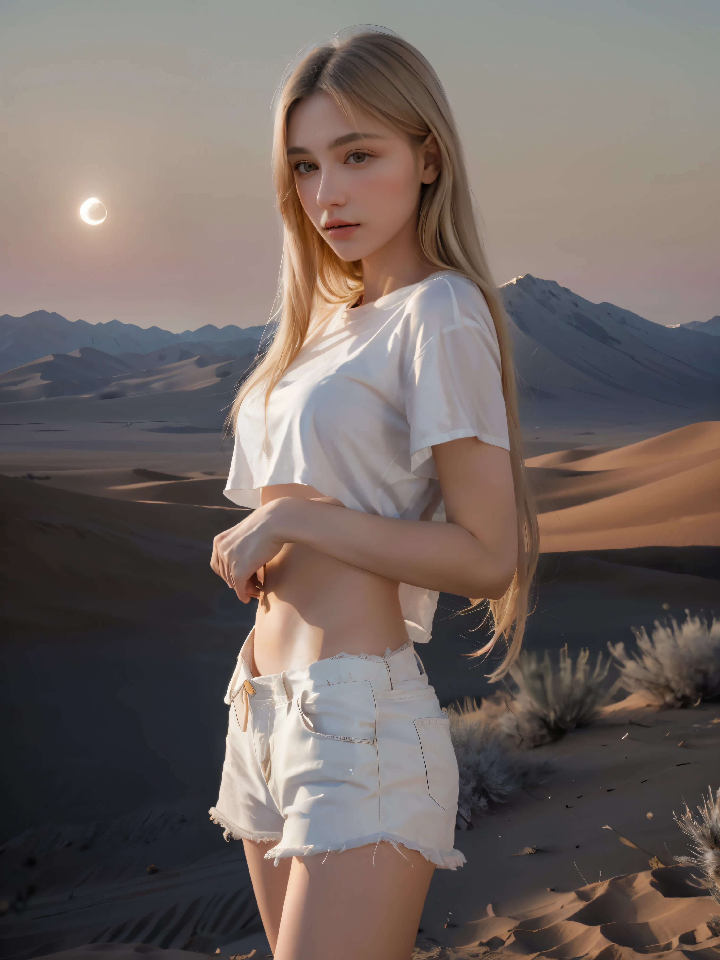 傑作, 最高品質, 非常に詳細な, 8K, 現実的, 砂漠の山々に浮かぶ巨大な満月々明らかにする、薄いシルクを着た美しくスリムな金髪のフランス人少女、月を眺める