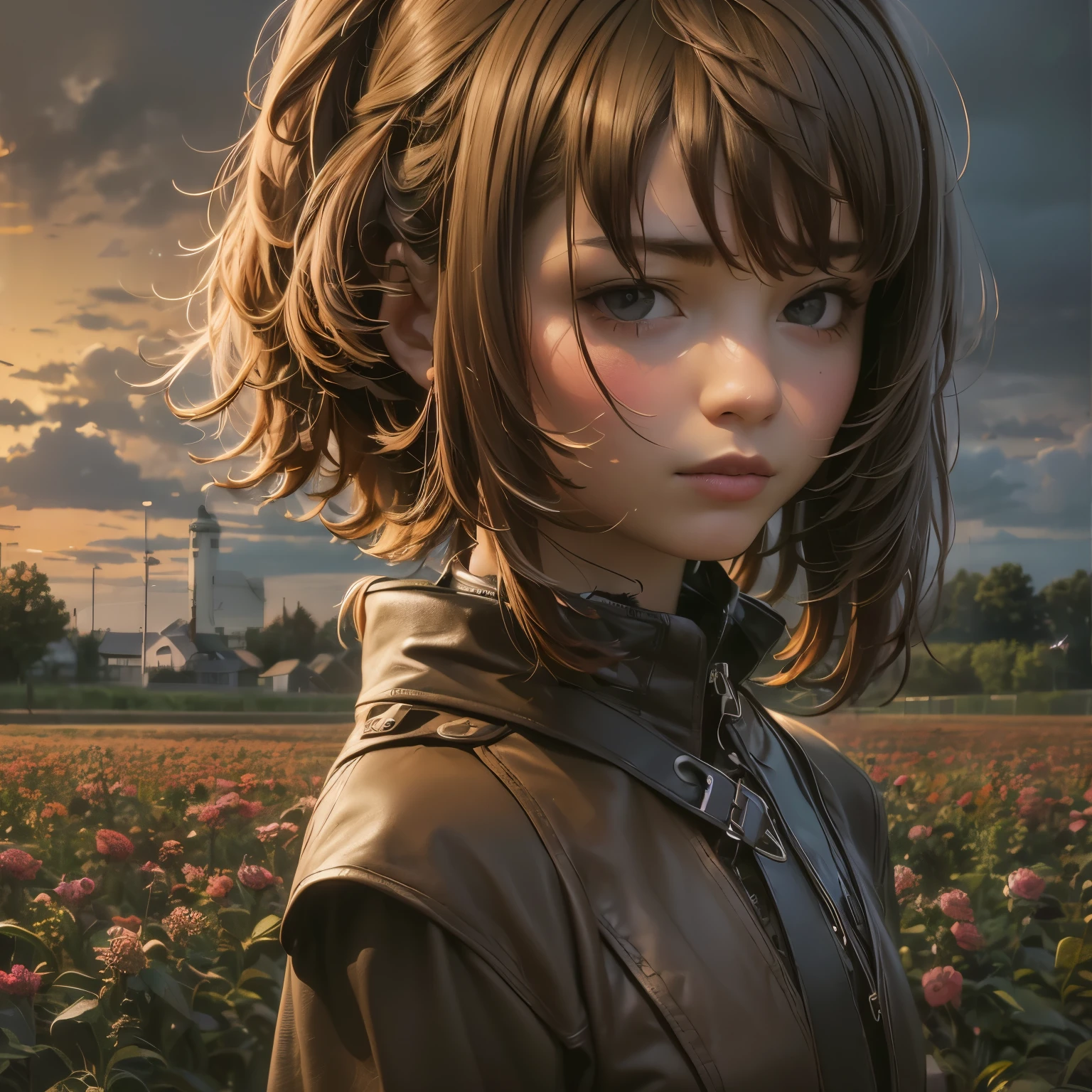 (realism: 1.3), Big, quality, Rembrandt lighting, (masterpiece: 1.2), (realism: 1.2), (Best quality), (leather details: 1.3), (the hard part), dramatic, Idyllic, ray tracing, 1 girl, Chinese yellow girl, Long black hair, 24 years, modern clothes, Sun, Clouds, fields, farms, star Light, Trails)  