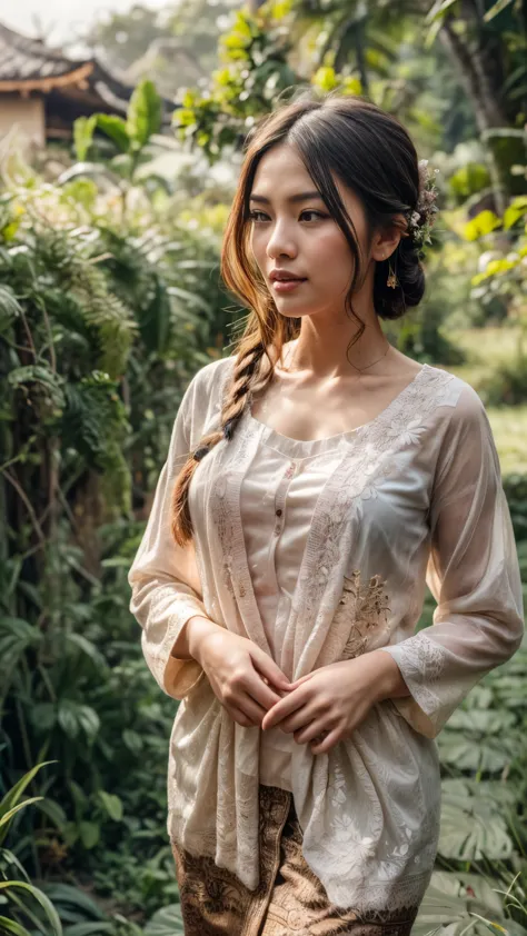 (best quality,highres,realistic:1.37),Portrait,Close-up,Girl from Javanese village with braided bangs, wearing kebaya, walking i...