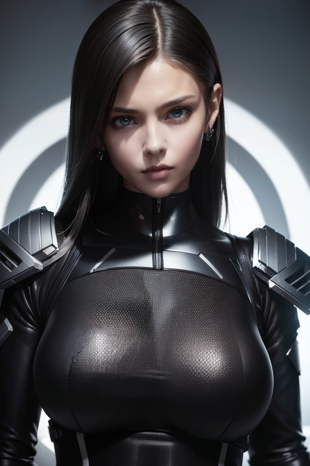 (cybersoldier style aesthetic) bust to waist (half body) (beauty shape) perfect skin, hyperrealistic masterpiece, in extremely complex & superdetailed black and white plugsuit, cinematic illumination: 8k, symmetrical eyes, realistic, sharp focus, HD, highly detailed, intricate, photography, studio portrait, detailed, dramatic lighting, (holding two guns)