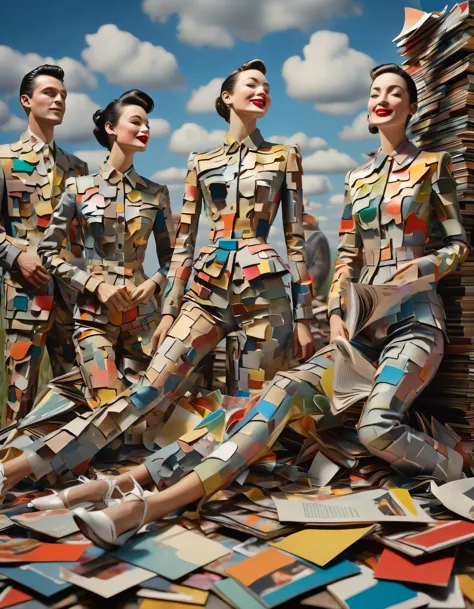 hyper-realistic ultra beautiful surreal happy wood painted amalgam of bodies built-in and embedded with other surreal torn pages...