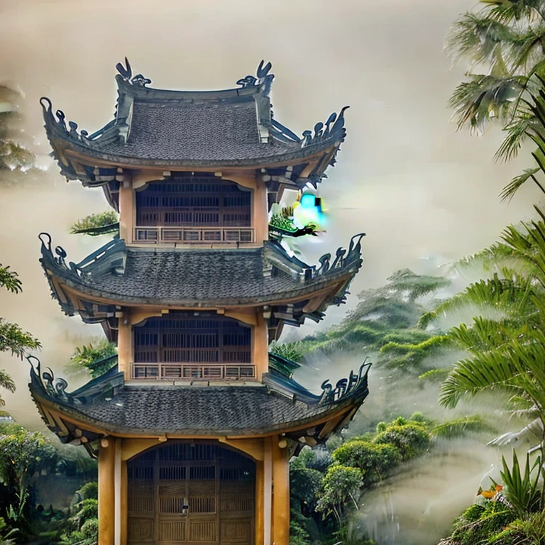 There is a tall pagoda with a bird perched on top of it - SeaArt AI