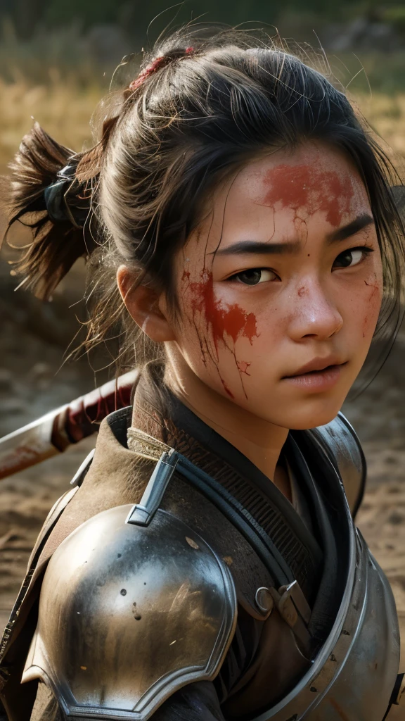 A 15 years old girl, fighting in a battlefield, shogunate era, fighting with sword, face stained with blood and dirt, fighting rigorously yet elegant, wearing torned traditional japanese armor covered in dirt, intense fighting, beautiful face, radiant white skin, Ultra high res, uhd, (photorealistic:1.4), cowboy shot,
