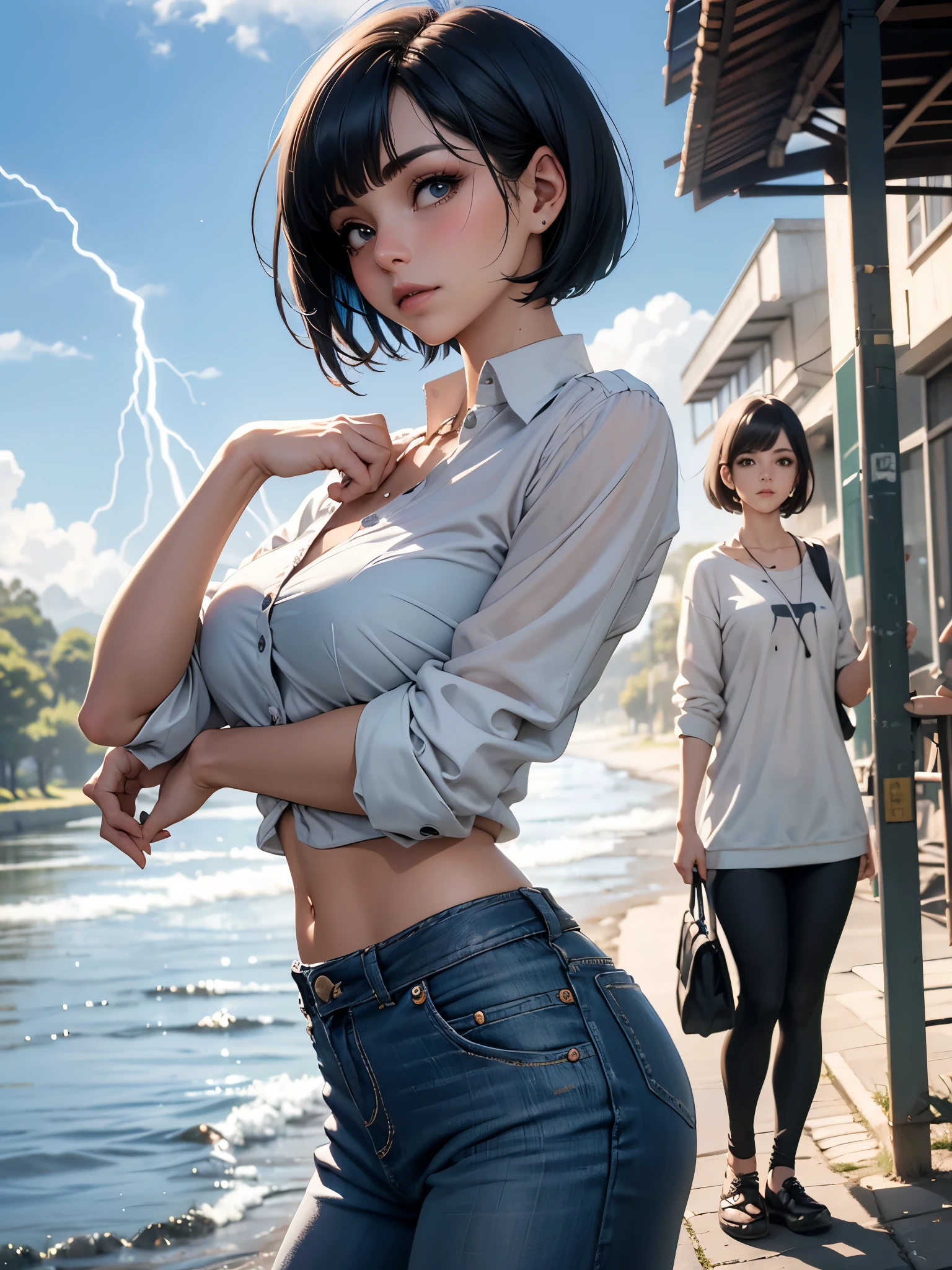 Anime girl with short black hair posing by the water - SeaArt AI