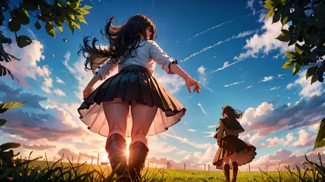 three angry women, 30 years old, thicc curvy body, wearing pleated skirt and boots, stomping the grass, viewed from below
