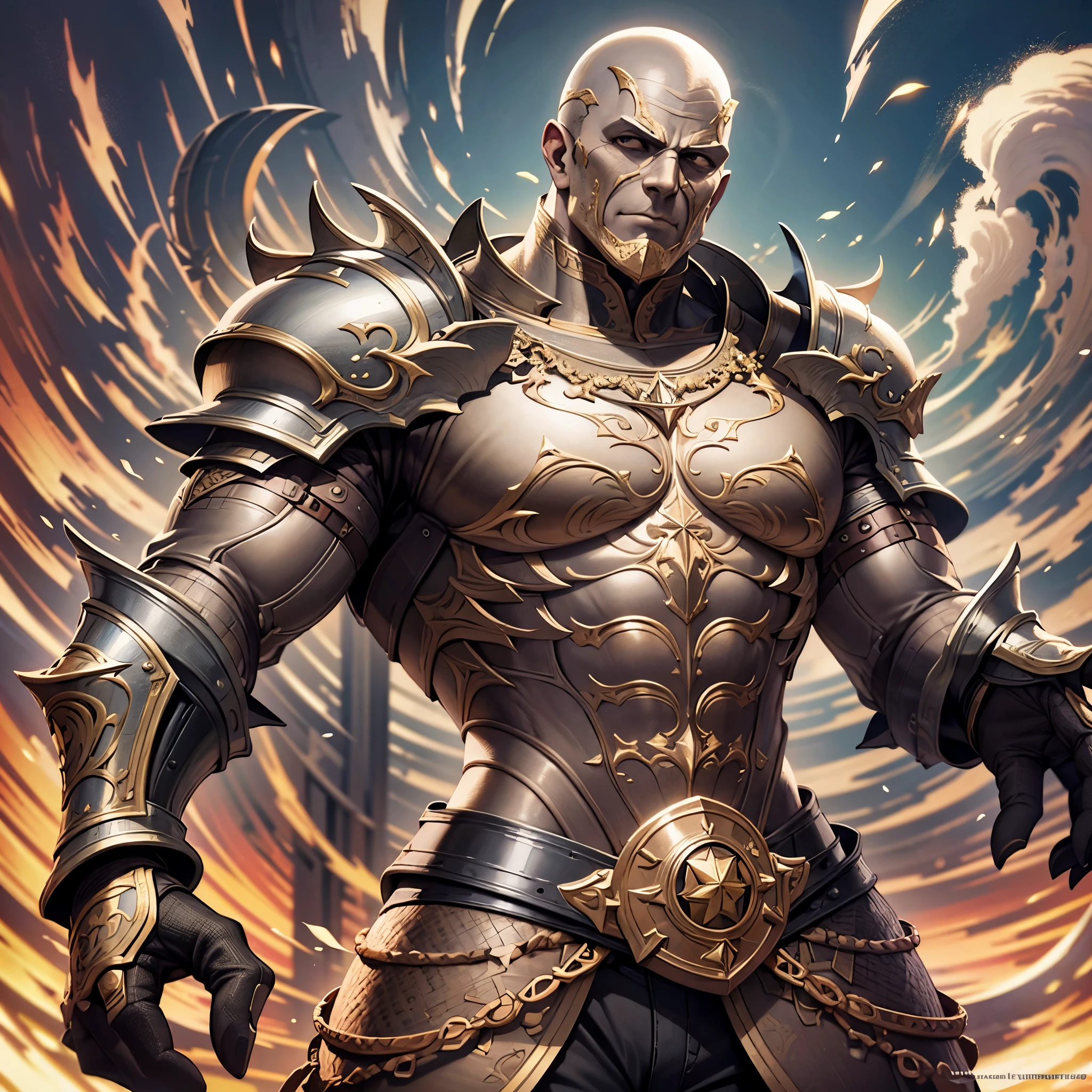 Full length portrait of a black muscular warrior in anime style, showcasing intricately detailed muscles and heavy dark armor. His bald head shines under atmospheric lighting, with striking light and shadow effects creating an intriguing contrast. This highly detailed digital painting exudes an advanced anime art aesthetic, perfect for station art or concept illustrations. With a soft yet sharp focus, every line and texture is rendered in stunning 8k resolution, bringing the intricacies of the warrior's physique to life. Crafted by the renowned artists Makoto Shinkai and Stanley Artgerm Lau, this masterpiece is sure to leave a lasting impression on viewers, gracing the halls of ArtStation and other prest