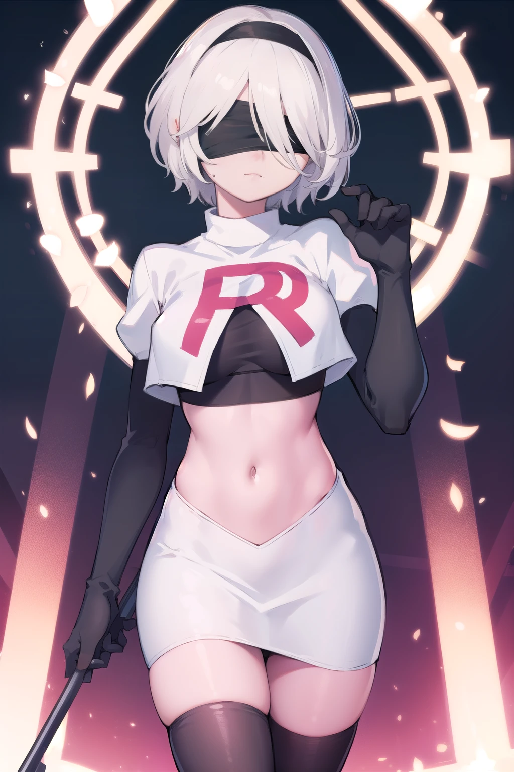 2b, 2b, (black blindfold:1.5), black hairband, blindfold, hairband, short hair, white hair,
BREAK hairband, robot, team rocket,team rocket uniform, red letter R, white skirt,white crop top,black thigh-highs,black elbow gloves,
BREAK looking at viewer,
BREAK (masterpiece:1.2), best quality, high resolution, unity 8k wallpaper, (illustration:0.8), (beautiful detailed eyes:1.6), extremely detailed face, perfect lighting, extremely detailed CG, (perfect hands, perfect anatomy),