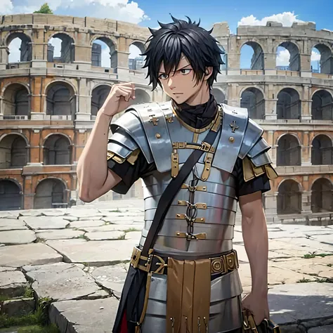 A man wearing Segmented armor, outside a Roman coliseum
