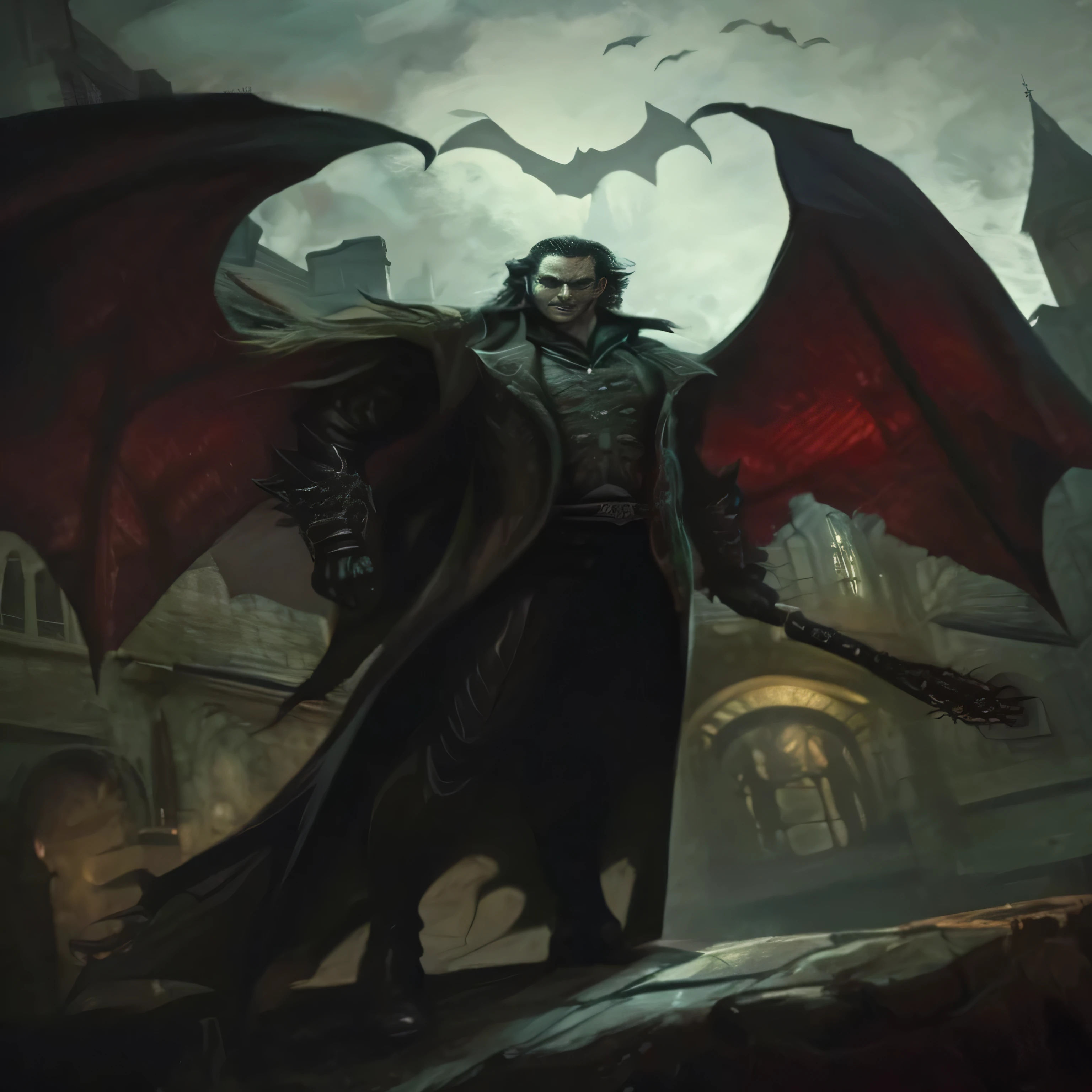 arafed image of a man with a bat and a castle in the background, vampire lord, male vampire of clan banu haqim, vampire of clan lasombra, male vampire, an ominous fantasy illustration, dark fantasy concept art, dark fantasy style art, dark fantasy artwork, gothic fantasy art, count dracula, dark fantasy character design, dark fantasy art