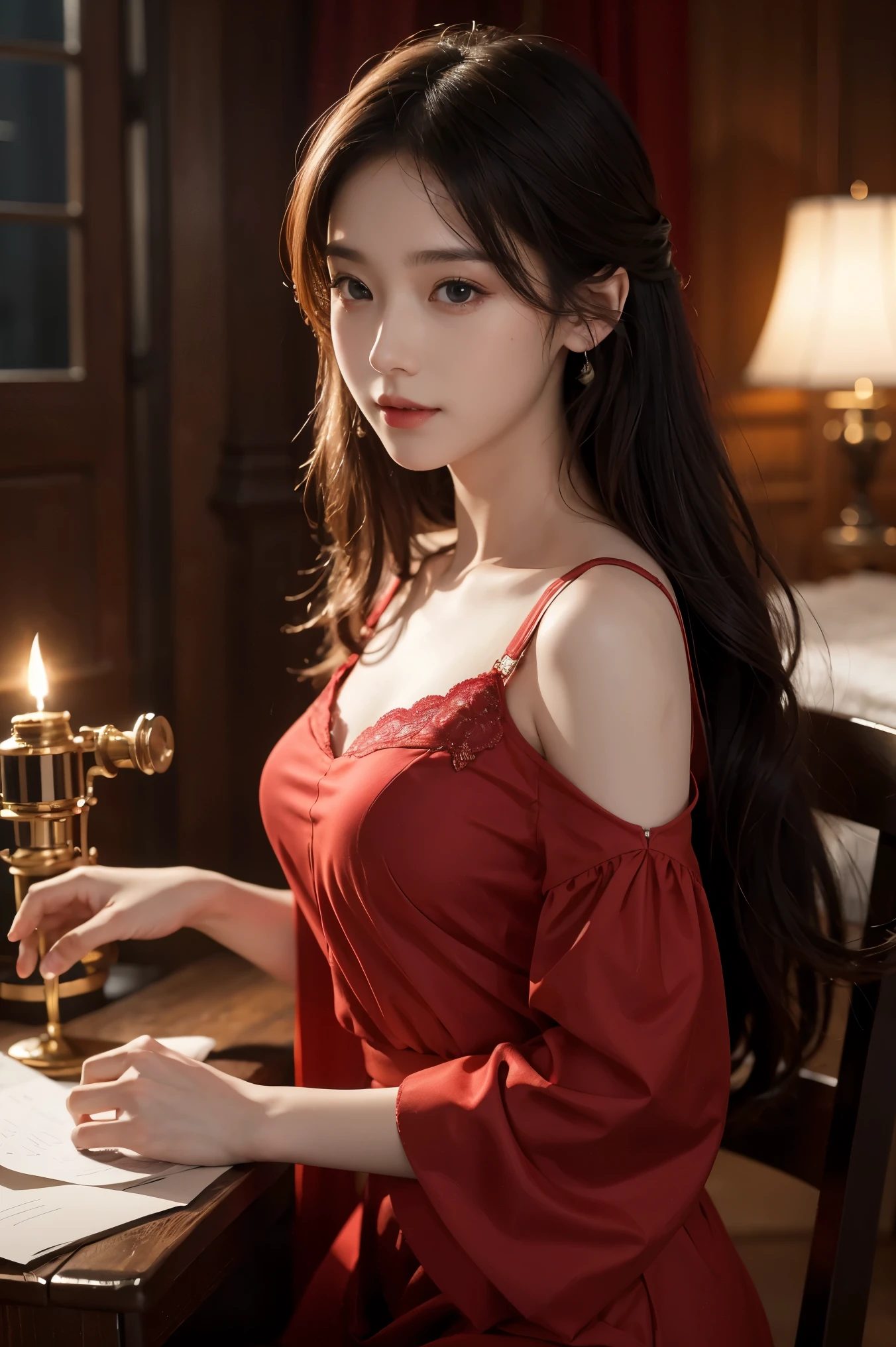 Super realistic 8K CG, perfect, clean, masterpiece, professional artwork, famous artwork, movie lighting, film blooming, fantasy, fantasy, fantasy, science fiction, charming, lovely expressions, complex details, 16-year-old girl wearing red chiffon dress, best quality, realistic photos, radiant face, faint sweet smile