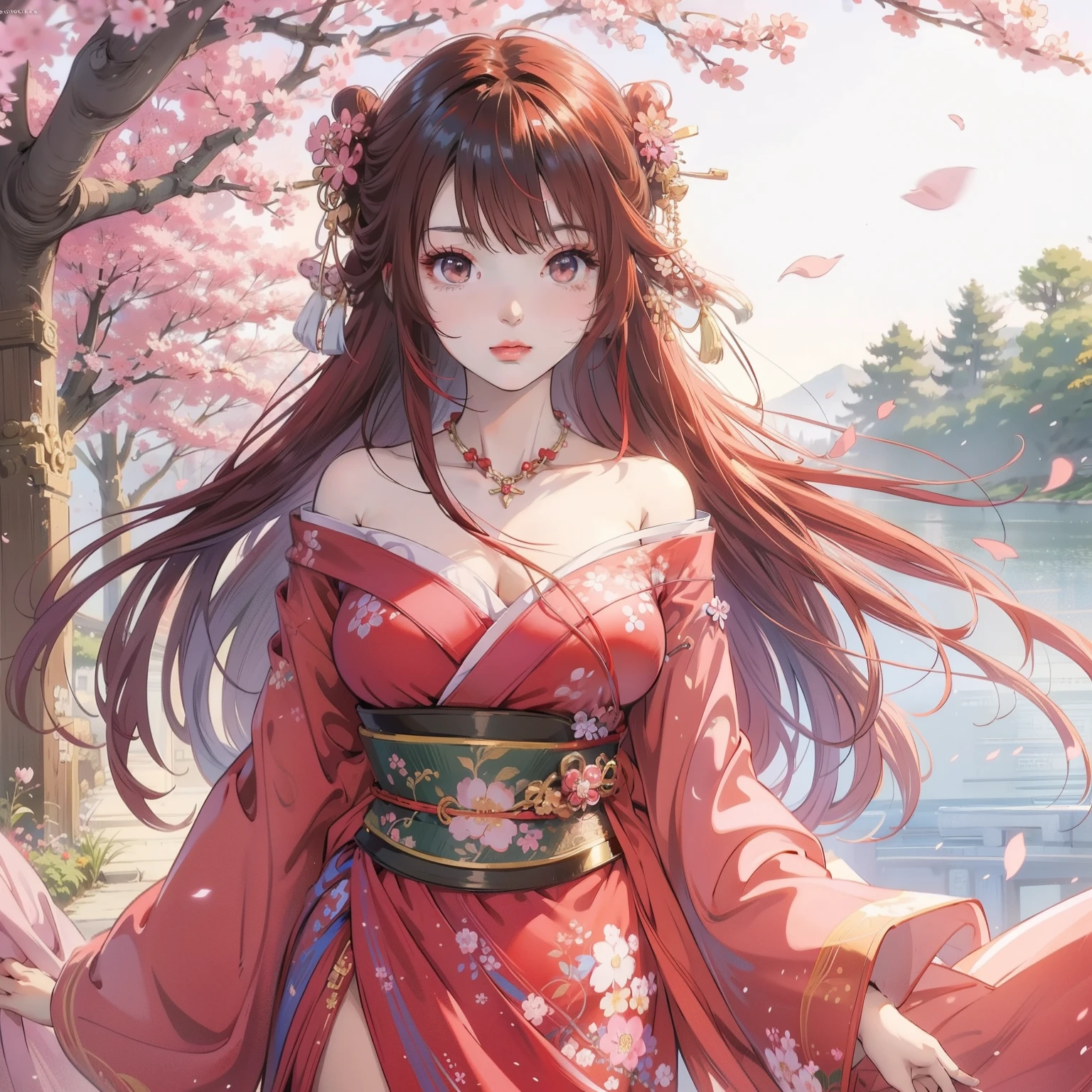 Wearing a kimono、Anime girl with cherry blossoms in her hair, Beautiful anime girl, Beautiful anime woman, Beautiful anime, Cute anime waifu wearing beautiful clothes, Beautiful charming anime woman, Attractive anime girl, anime style 4k, Beautiful anime artwork, Beautiful anime portrait, Beautiful anime art, beautiful anime girl, anime wallpaper 4k, anime wallpaper 4k