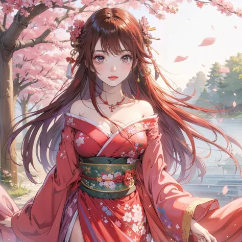 Wearing a kimono、Anime girl with cherry blossoms in her hair, Beautiful anime girl, Beautiful anime woman, Beautiful anime, Cute...