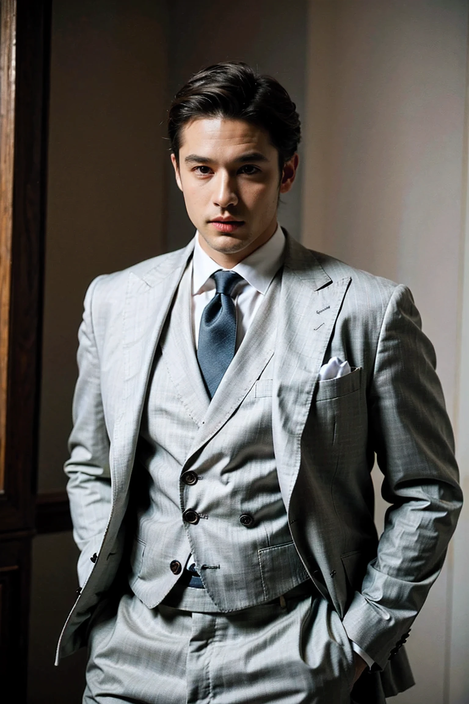 Realistic photography, handsome man ,Elegant pastel suit