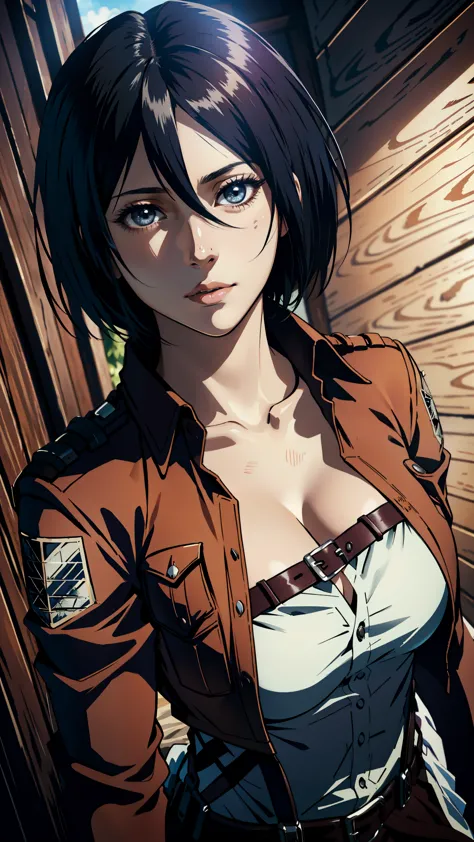 cleavage, 4k image, (masterpiece:1.2, best quality), photorealistic, (hyperrealistic:1.2), beautiful, Mikasa from AOT