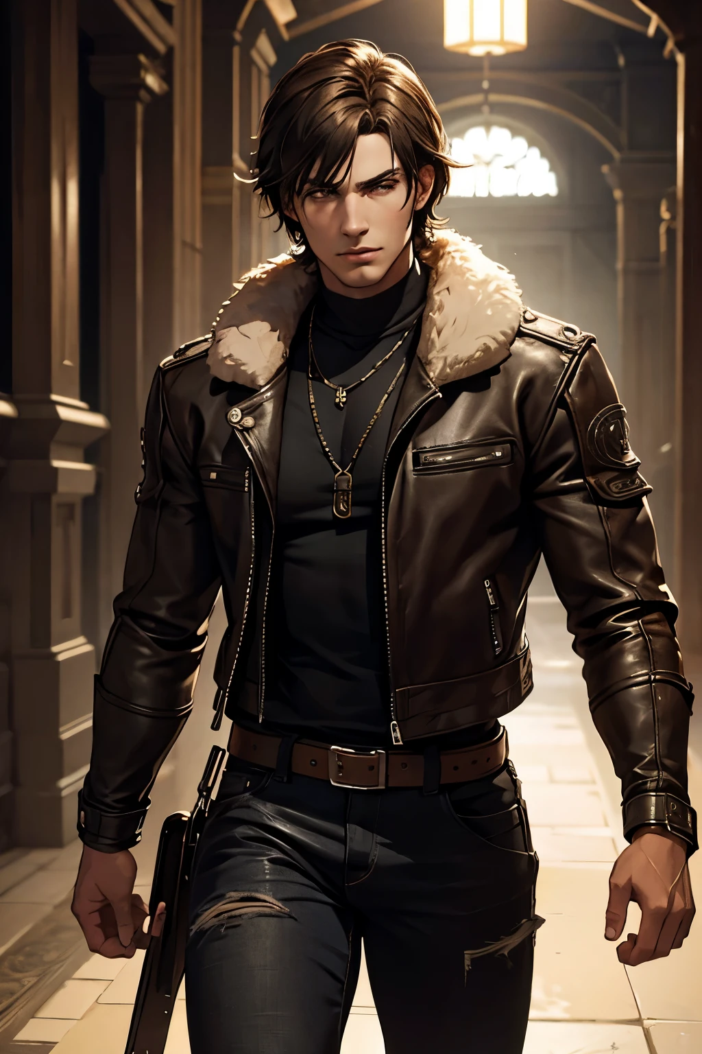 1boy, cowboy shot of re4leon, leather jacket with fur trim,  long sleeves, black jeans, volumetric lighting, athletic, best quality, masterpiece, intricate details, tonemapping, sharp focus, hyper detailed, trending on Artstation, looking at viewer, realistic 