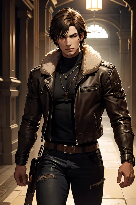 1boy, cowboy shot of re4leon, leather jacket with fur trim,  long sleeves, black jeans, volumetric lighting, athletic, best qual...