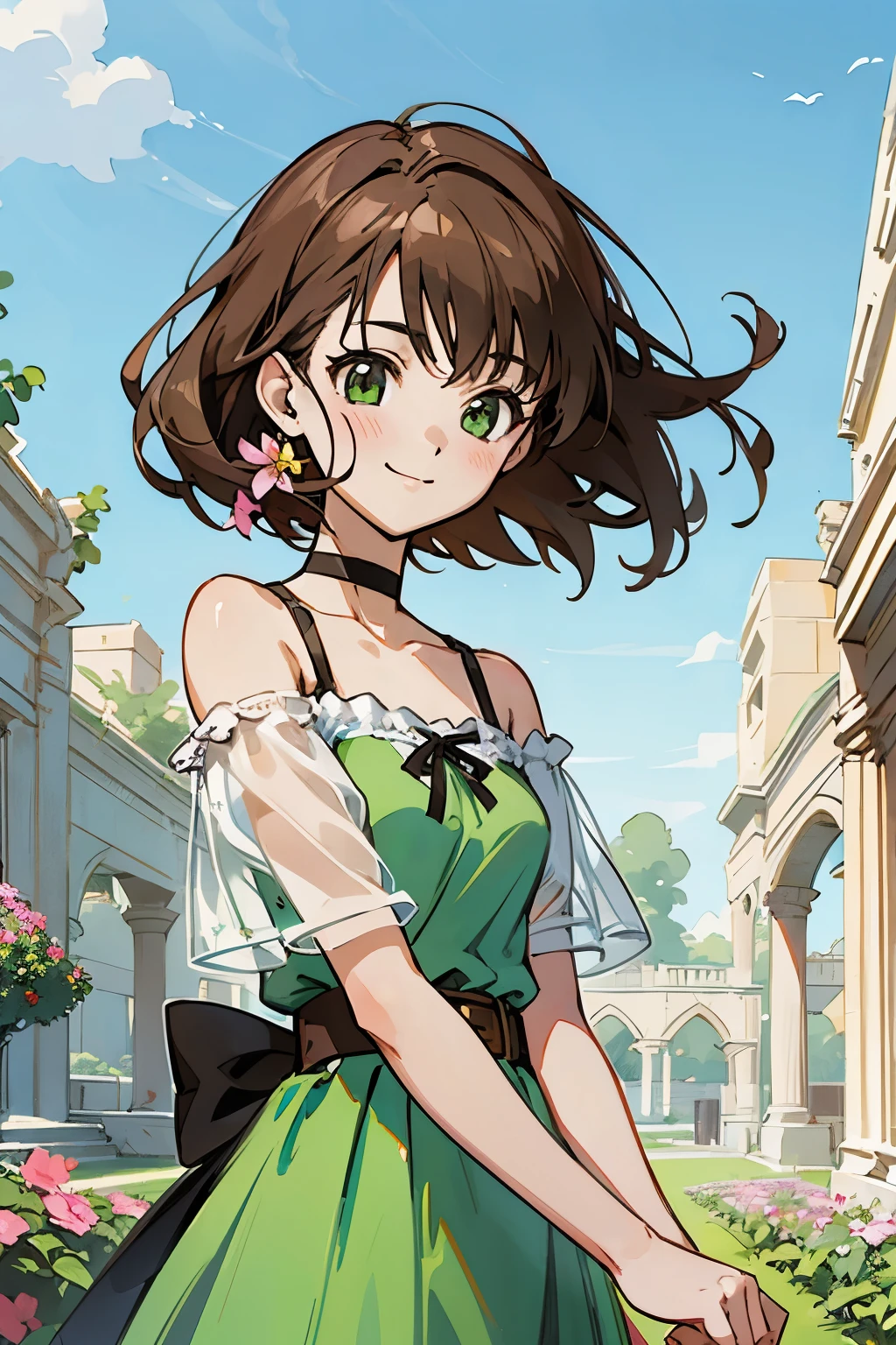 shoko sashinami, valvrave, 1 girl, brown hair, green eyes, fantasy world, ruins, folk, beautiful sky, shining sky, sunshine, flower garden, smiling, belt, ribbon choker, black choker, ribbon, wind blowing dress, lace dress, blue camisole, white sweater, half-sleeves, off-shoulder sleeves