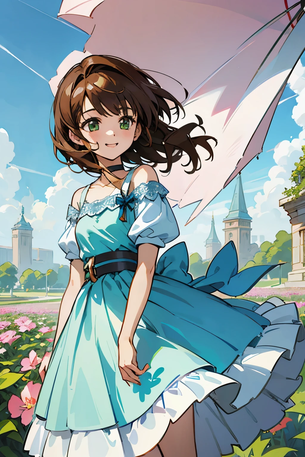 shoko sashinami, valvrave, 1 girl, brown hair, green eyes, fantasy world, ruins, folk, beautiful sky, shining sky, sunshine, flower garden, smiling, belt, ribbon choker, black choker, ribbon, wind blowing dress, lace dress, blue camisole, white sweater, half-sleeves, off-shoulder sleeves