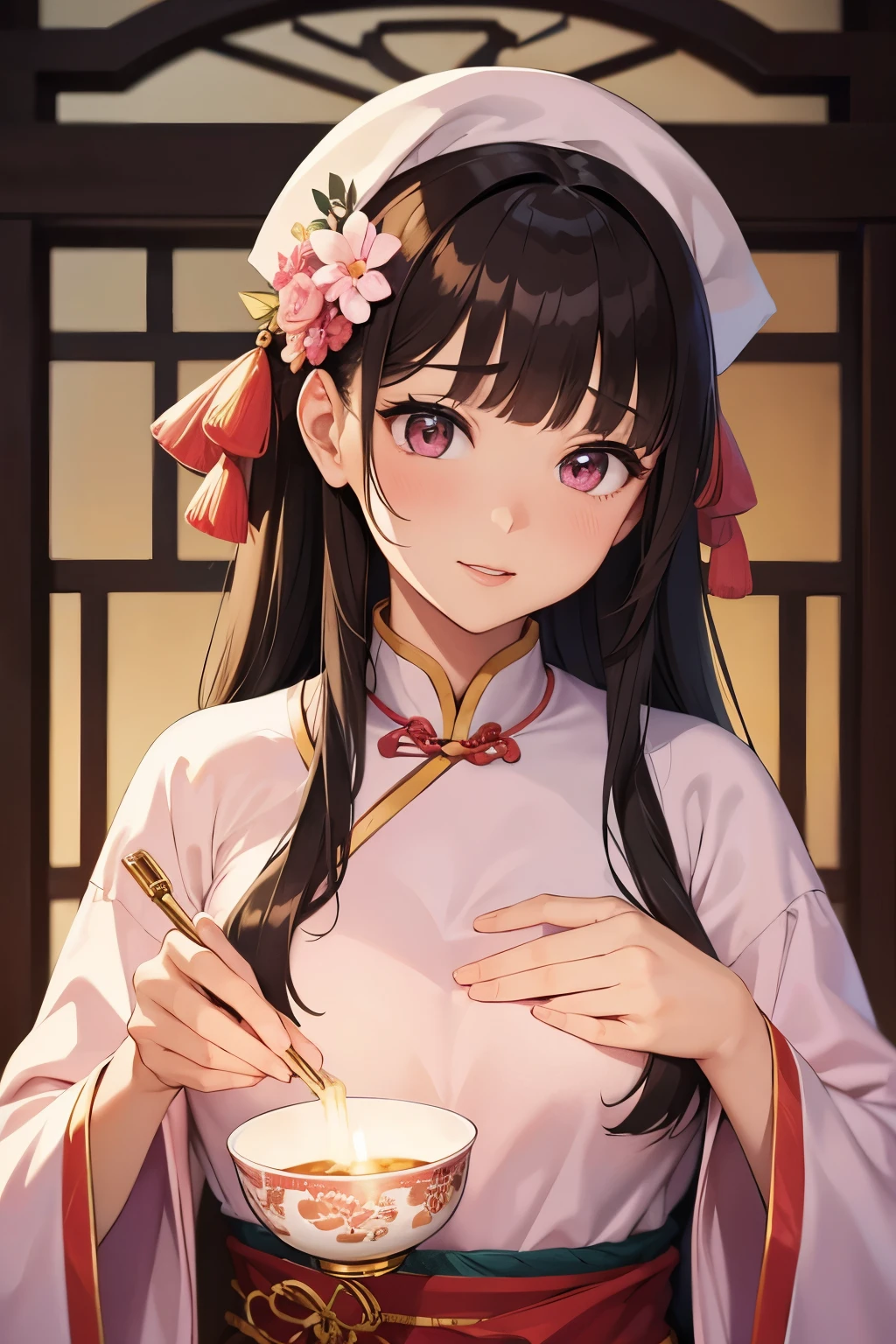 Masterpiece, Best Quality, Waterfront, Banquet, 1 Woman, Mature Woman, Elegant, Chinese Style, Ancient China, Sister, Royal Sister, Happy, Meatball Head, Light Brown Hair, Pink Eyes, Gorgeous Headwear, Light Pink Lips, Pink Clothes, Yarn like Clothing, Intellectual, Full bangs, Flat bangs, Flower Ball, Face Delicate,Updo