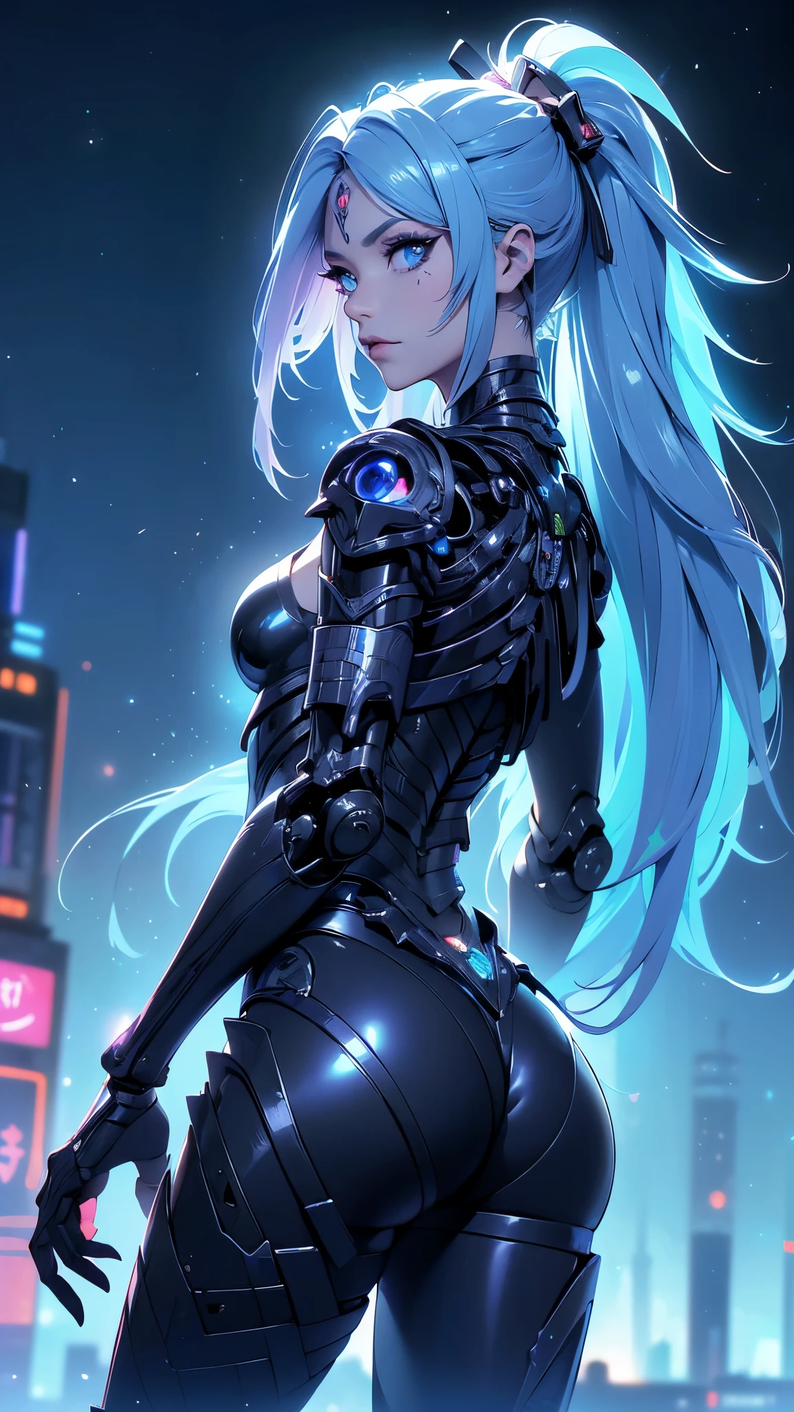 (rear view, backside view),,(La Best Quality,A high resolution,Ultra - detailed,actual),Ariana Grande beautiful white girl cyborg skeleton, (cyberpunk skeleton:1.4), Portrait of a cybernetic skeleton, Cyborg - Girl with silver hair, beautiful cyborg girl, (chica cyborg:1.4), humanoid woman, beautiful cyborg girl, (She has a beautiful bone structure.:1.4),,More detailed 8K.unreal engine:1.4,HD,La Best Quality:1.4, photorealistic:1.4, skin texture:1.4, Masterpiece:1.8,Masterpiece, Best Quality,object object], (detailed facial features:1.3),(The correct proportions),(Beautiful blue eyes:1.4 ), (cowboy pose) , (Tokyo city cyberpunkAI background:1.4), (has a neon yellow metallic cybernetic skeleton body :1.4), (city background tokyo night night:1.4), (Tokyo city cyberpunkAI background :1.4)