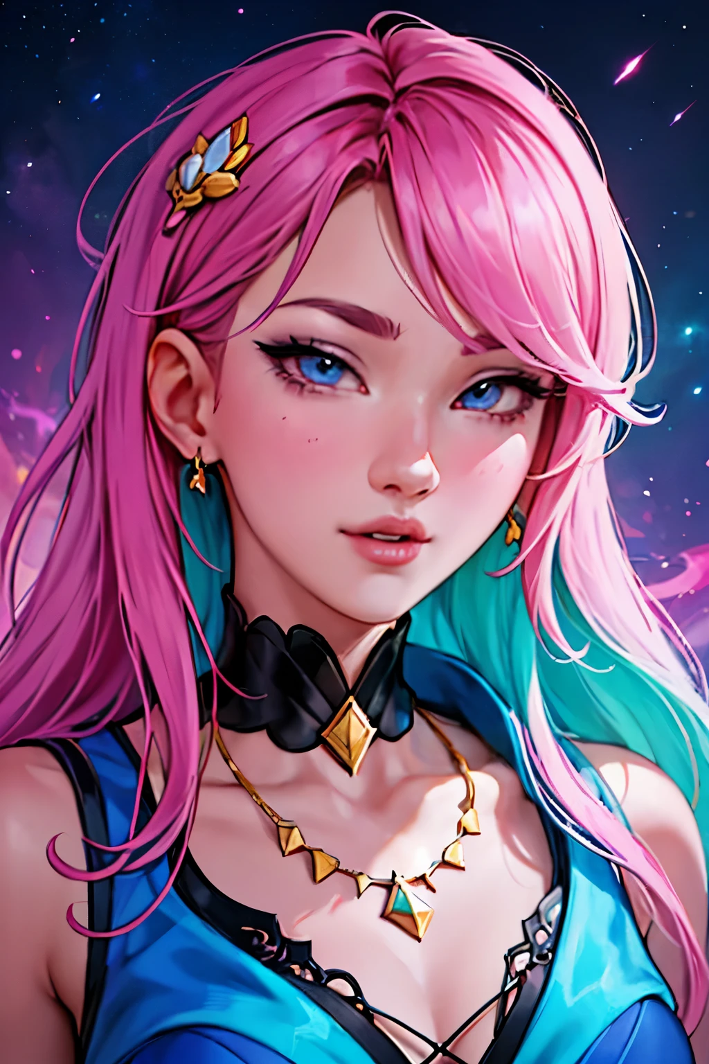 Close-up of a woman with colorful hair and necklace, anime girl with cosmic hair, Rossdraws soft vibrancy, Gouviz style artwork, fantasy art style, colorful], vibrant fantasy style, Rossdraws cartoon full of vitality, cosmic and colorful, Guweiz, colorful digital fantasy art, stunning art style, beautiful anime style, glowing hair