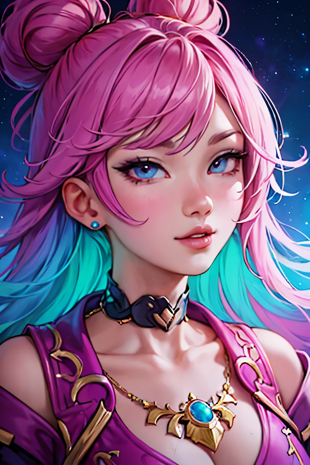 Close-up of a woman with colorful hair and necklace, anime girl with cosmic hair, Rossdraws soft vibrancy, Gouviz style artwork, fantasy art style, colorful], vibrant fantasy style, Rossdraws cartoon full of vitality, cosmic and colorful, Guweiz, colorful digital fantasy art, stunning art style, beautiful anime style, glowing hair