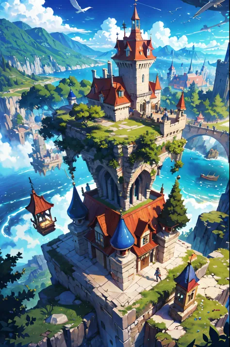 sky quest, 2 adventurers traveling through nature, flying castle