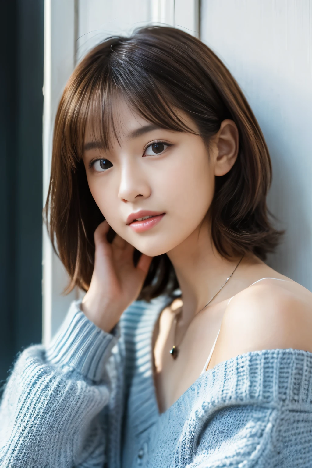 (top-quality、8K、32K、​masterpiece、nffsw:1.2)、cute little日本人女性の写真、large full breasts、very short bobbed hair、The upper part of the body、sface focus、Oversized_Sweaters、a necklace、simple background、From  above、looking at the viewerix4、(8K、Raw photography、top-quality、​masterpiece:1.2)、(realisitic、Photorealsitic:1.37)、1girl in、cute little、profetional lighting、photon maping、physically-based renderingt、Gradient Brunette Hair、short  curly hair、a handsome、Girly、superior image quality、hight resolution、1080p、(Clear face)、(Detailed face description)、(Detailed hand description)、(masuter piece)、(Exquisite CG)、 extreme light and shadows、hair messy、​masterpiece、lush detail、(Exquisite facial features)、(The highest image quality)、(​masterpiece)、(A detailed eye)、Looking forward to your eyes、Delicate collarbones、Poses variadas、don&#39;t watch mela、profile、white walls、Taken in front of the white door、(white walls room with window)、Autumn clothes、Winter clothes、simple a necklace、light blue knit