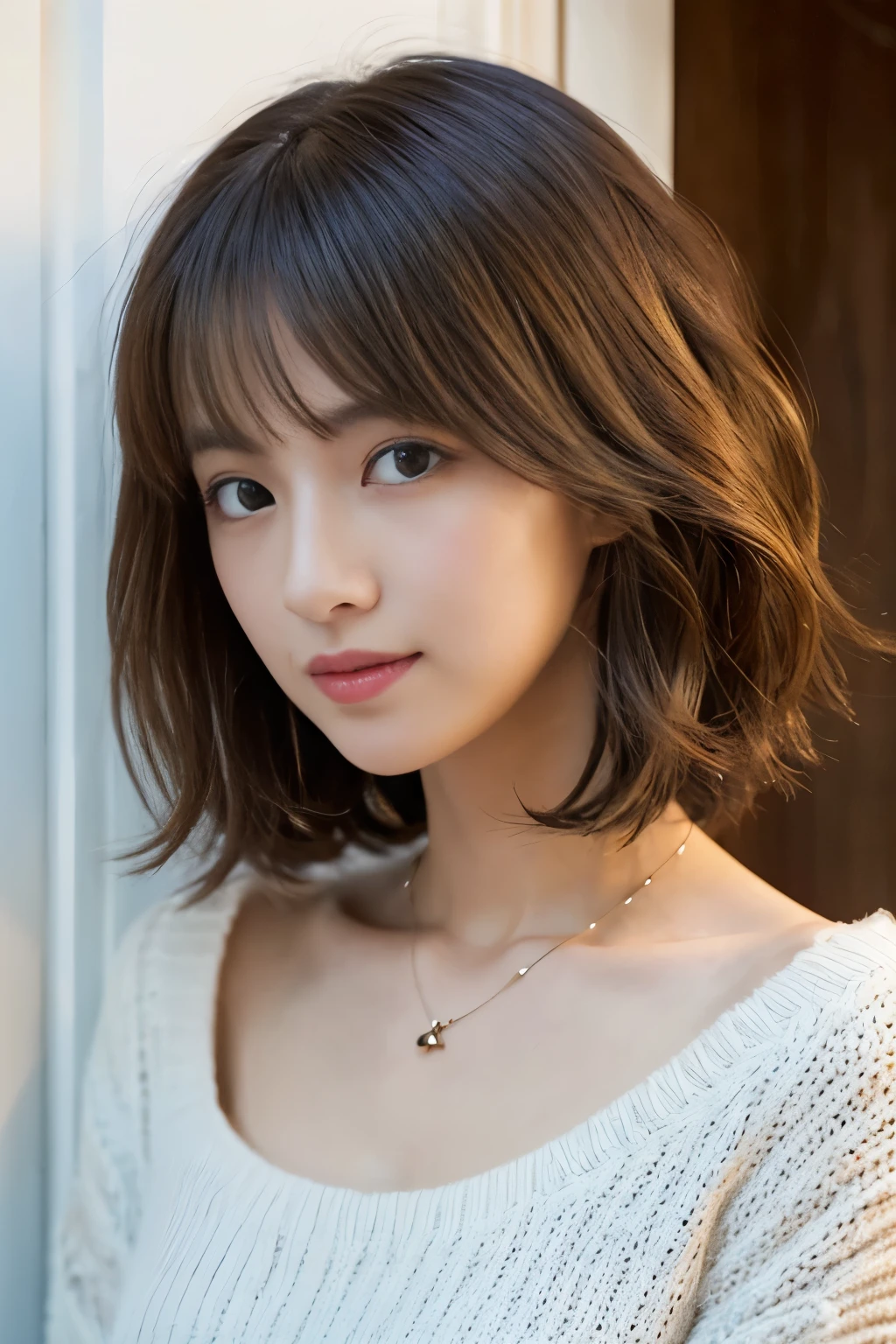 (top-quality、8K、32k、​masterpiece、nffsw:1.2)、cute little japanese women photos、large full breasts、very short bobbed hair、The upper part of the body、sface focus、Oversized_Sweaters、a necklace、simple background、From  above、looking at the viewerix4、(8K、Raw photography、top-quality、​masterpiece:1.2)、(realisitic、Photorealsitic:1.37)、1girl in、cute little、profetional lighting、photon maping、physically-based renderingt、Gradient Brunette Hair、short  curly hair、a handsome、Girly、superior image quality、hight resolution、1080P、(Clear face)、(Detailed face description)、(Detailed hand description)、(masuter piece)、(Exquisite CG)、 extreme light and shadows、hair messy、​masterpiece、lush detail、(Exquisite facial features)、(The highest image quality)、(​masterpiece)、(A detailed eye)、Looking forward to your eyes、Delicate collarbones、assorted poses、don&#39;t watch mela、profile、white walls、Taken in front of the white door、(white walls room with window)、Autumn clothes、Winter clothes、simple a necklace、light blue knit