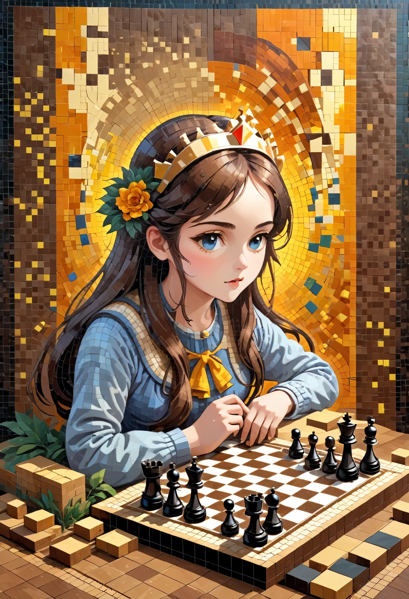 pixel art：1.5，perspective，projection，stack，layered，radioactivity，Fragmentation，lumpy，strength，break out，Fall，Rhythm，building blocks，Concave and convex，Inception，chiaroscuro，3D three-dimensional mosaic puzzle，Spliced into a beautiful girl playing chess，checkerboard，Shocked，grand scene