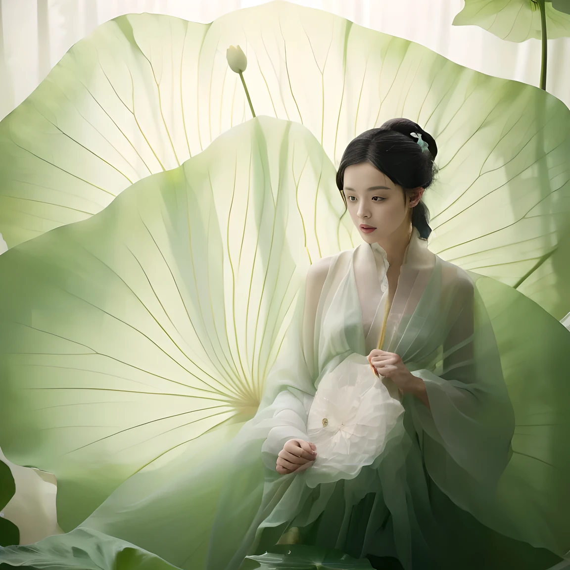 There is a woman in green clothes，handheld fan, palace ， girl wearing hanfu, Inspired by Tang Yifen, Inspired by Tang Yin, jingna zhang, Inspired by Qiu Ying, Inspired by Wenjia, by Yu Zhiding, Inspired by Zhang Yin, white hanfu, Inspired by Zhang Yan, Inspired by Huang Ji, Inspired by Gu An，a girl，alone，giant lotus leaf，black hair，skirt，looking at the audience，white skirt，OK，sitting，单OK，foliage，long sleeve，red lips，actual。