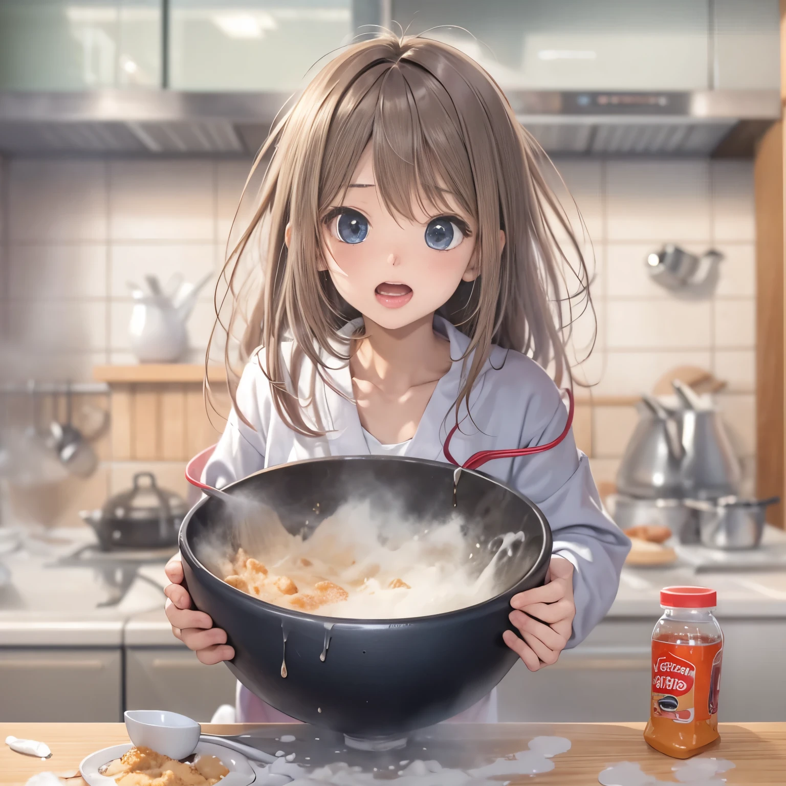 現實的動漫圖片、簡單的背景、1 名女孩、厨房、把粉末灑在碗裡、震惊的表情