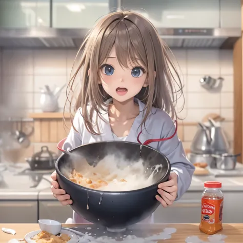 realistic anime picture、simple background、1 girl、kitchen、spill the powder in the bowl、shocked expression