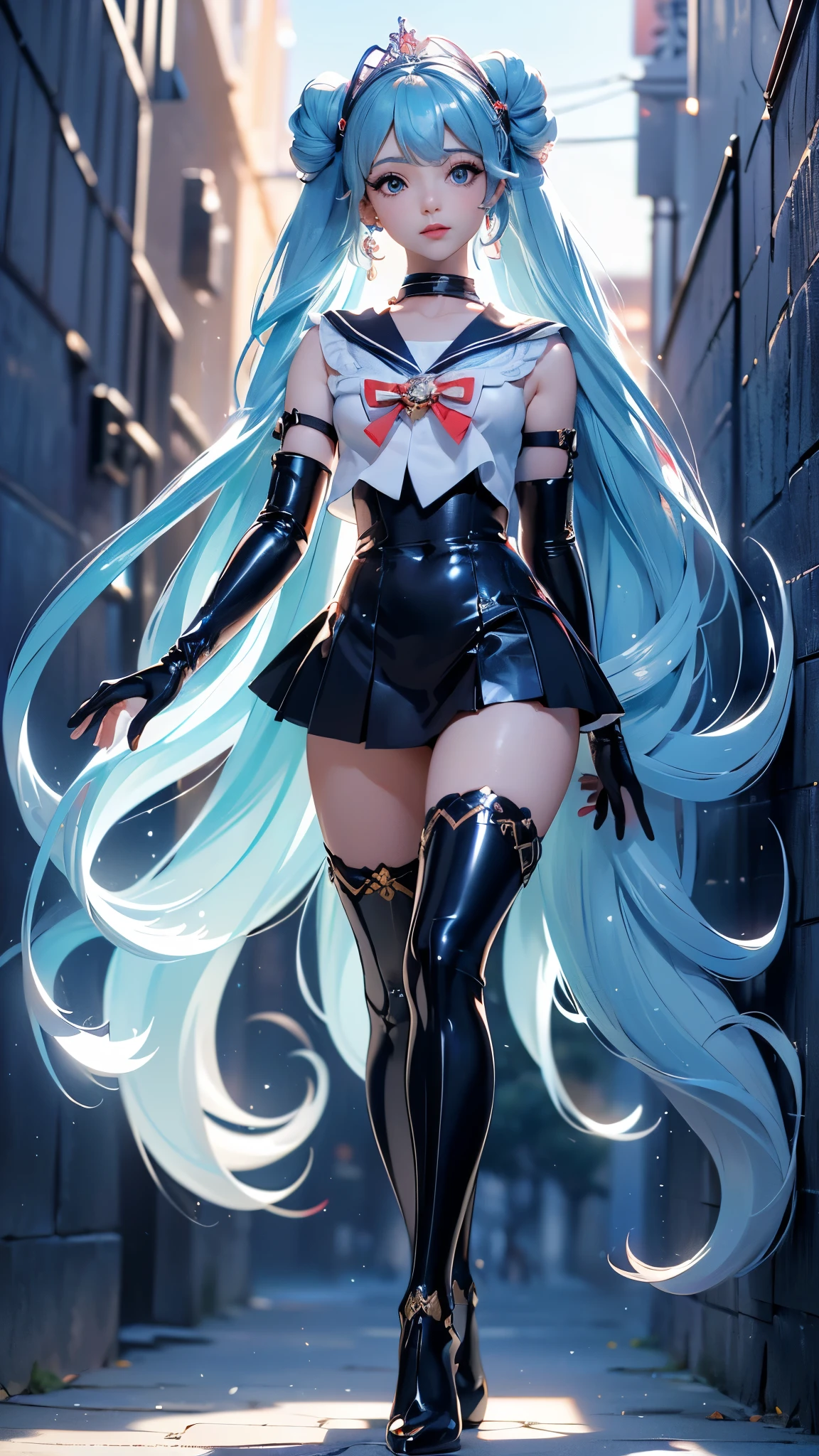 (La mejor calidad,A high resolution,Ultra - detallado,actual),Ariana Grande, 28 years old, (meishaonv,(Sailor luna:1.4) ,tiarra, (uniforme marinero senshi Sailor: 1.4) , (Sailor luna: 1.2), Incredibly long and shiny two-tailed blonde, delgado and very long straight twin tail blonde, bun, Red round hair ornament in a bun, uniforme marinero senshi, tetas colosales, (Color azul plateado, cuello marinero azul, Minifalda ultra pre-gate azul plateado: 1.3,Los pantalones son visibles,Super High Leg Swimsuit,  lazo rojo muy grande en el pecho,,,: 1.3, guantes largos de latex blancos: 1.3, Guantes rojos en los codos., Very large red bow behind the waist,,: 1.1, the neckline seems bigger:1.2, una tiara dorada, pendientes), (Detalles de la cara: 1.5, ojos azules brillantes, hermoso rostro, ojos bonitos, Contorno del iris, labios delgados: 1.5, Thin, sharp pale eyebrows, Long, dark eyelashes, double tabs), Lujosas joyas doradas para todo el cuerpo, delgado, delgado y musculoso,,,, a small face, proporciones perfectas, cintura delgada,  Hermosas pieles<Visible Pore, sonrisa seductora, manos perfectas: 1.5, High Glossy Silver White Holographic Leather, muy fino y ajustado., renderizado de octanaje, very dramatic image, Luz natural fuerte, luz de sol, exquisite lighting and shadow, dynamic angle, Digital SLR Cameras, sharp focus: 1.0, maximum clarity and sharpness, (Fondo espacial,luna, dynamic background, antecedentes detallados),(conejo, doble bien, de dos colas, Flequillo partido, anillo, joyas, pendientes, gargantilla, Arco rojo, guantes blancos, arboledas de codo, falda azul
),nffsw,mom curtains,( background alley walls big stones Tokyo:1.4) 