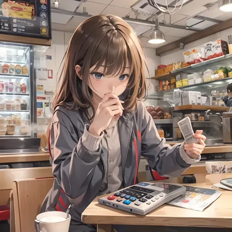 realistic anime picture、simple background、1 girl、angry、have a calculator、Cafe seating