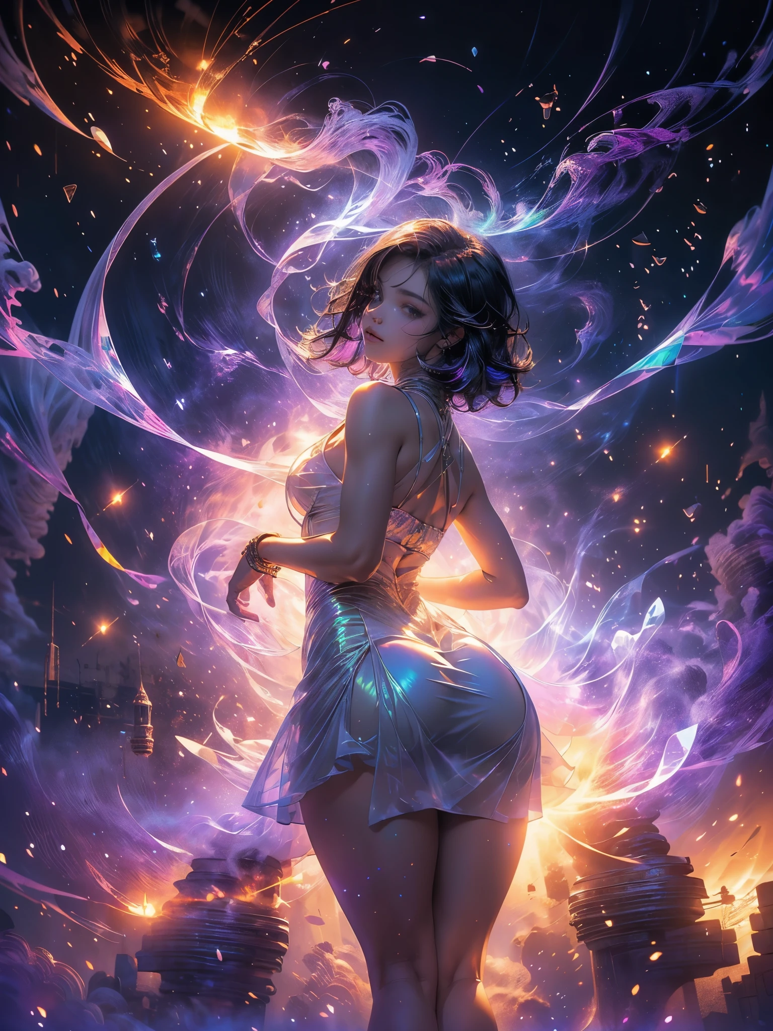 elegant girl, sitting in a badass pose, (((there is smoke around her, purple and black smoke, in a circle, using white transparent dress))), short bob hair, white hair, fireflies and cherry blossoms, (((small breasts, big ass, thick muscle thigh))), low light gradient, {extremely detailed 16k CG unit wallpaper}, expansive landscape photography, (a low view with focus on the scenery), (wide view of open field), ( low angle photo), (high light: 1.2), (low light: 1.2), (warm light source: 1.2), complex details, (iridescent colors: 1.5), (bright lighting), (atmospheric lighting), Dreamy , single,
