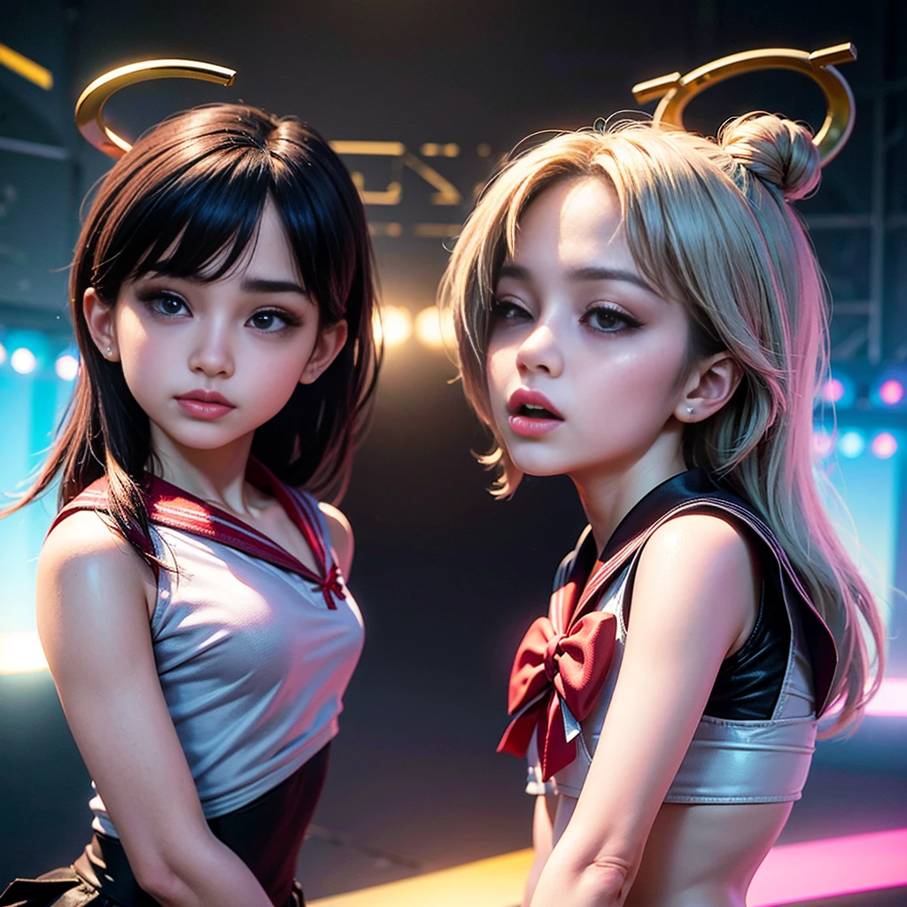 The prompt for the given theme "Kpop band BlackPink" can be formulated as follows:

"4 women over 20, Korean, dressed in sailor scout outfits, performing on stage, crying, with a giant broken heart projected behind them, (best quality, 4k, highres, masterpiece:1.2), ultra-detailed, (realistic, photorealistic:1.37), HDR, studio lighting, professional, vivid colors, portraits, vibrant color tones, dramatic lighting".