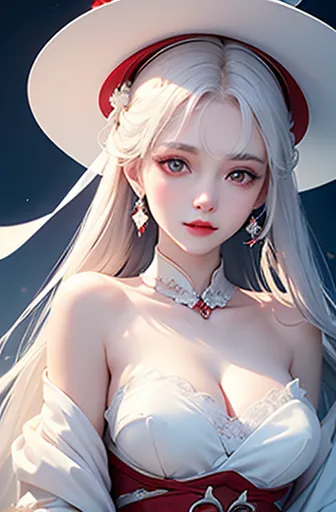 wearing white hat、Alafid woman in red lip dress, pale porcelain white skin, guweiz, Gurwitz Masterpiece, guweiz style artwork, S...