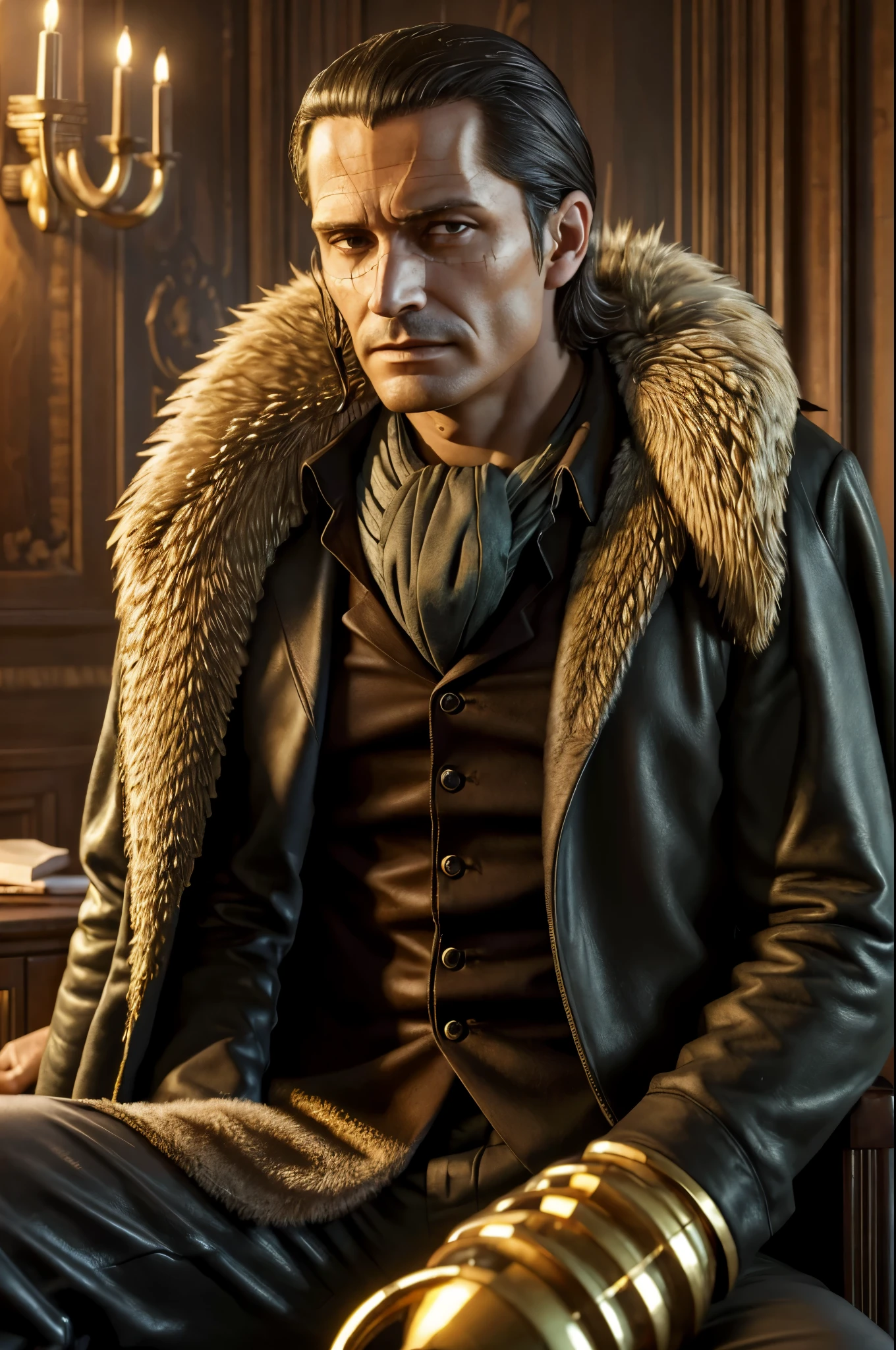 masterpiece, best quality, extremely detailed, hyperrealistic, photorealistic, a cool 40s man, ultra detailed face:1.2, fur-trimmed coat, scarf around the neck, his left hand is a golden pirate hook:1.1, sitting, president's room
