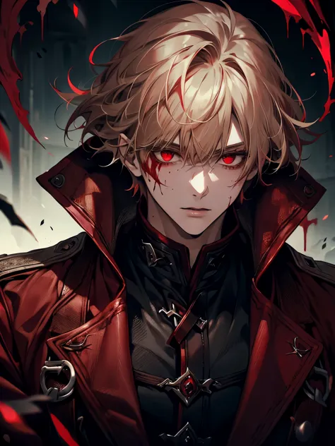 Solo, male, red coat, red eyes , straight facial, short Length hair, with bangs, blonde and gradiant black streaks color, blood ...