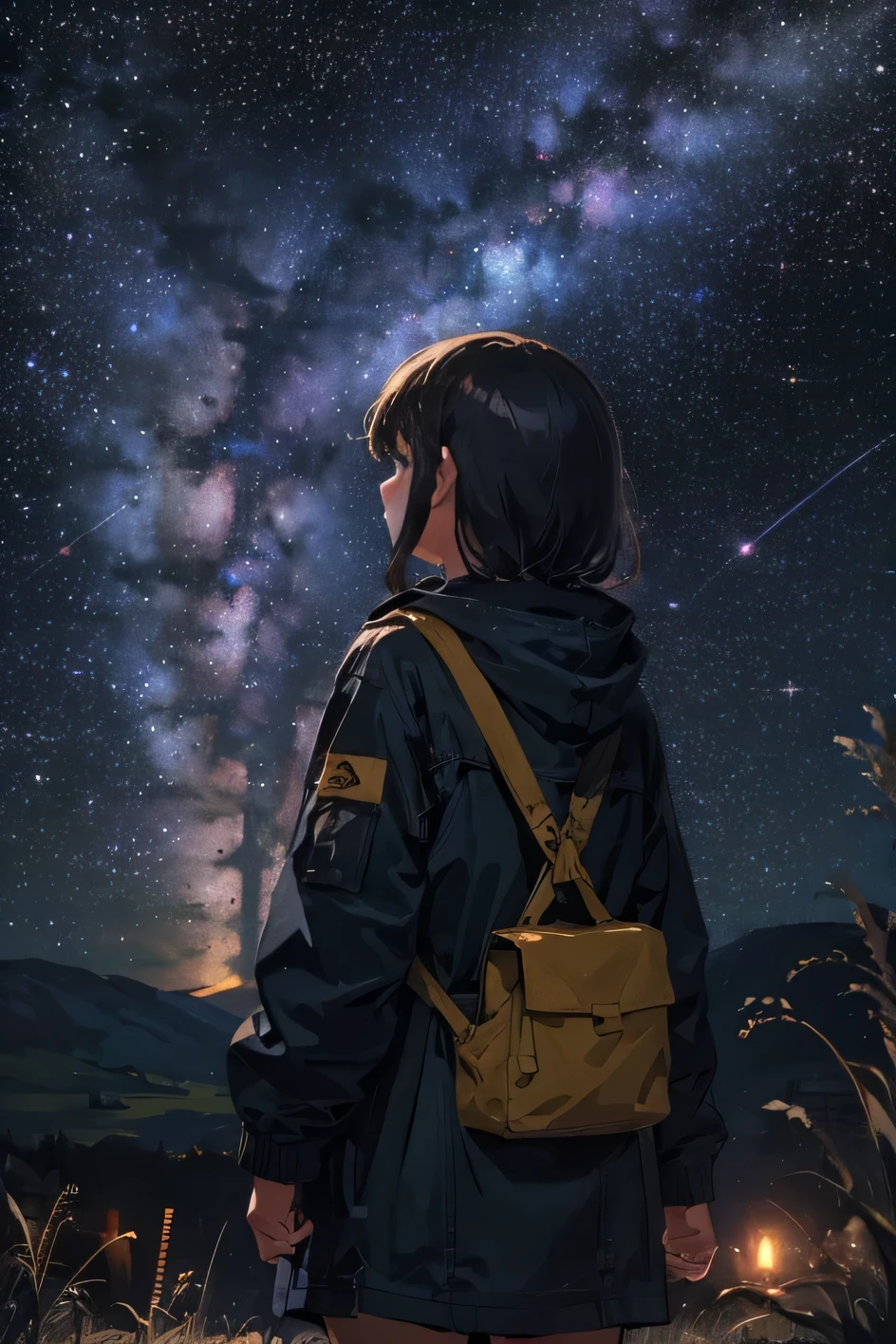 MS, 1 girl, lofi girl,Rear view,alone, top of the hill, Jacket, Sling Bag, look up, night sky, milky way, perfect quality, good quality, masterpiece, HDR, UHD