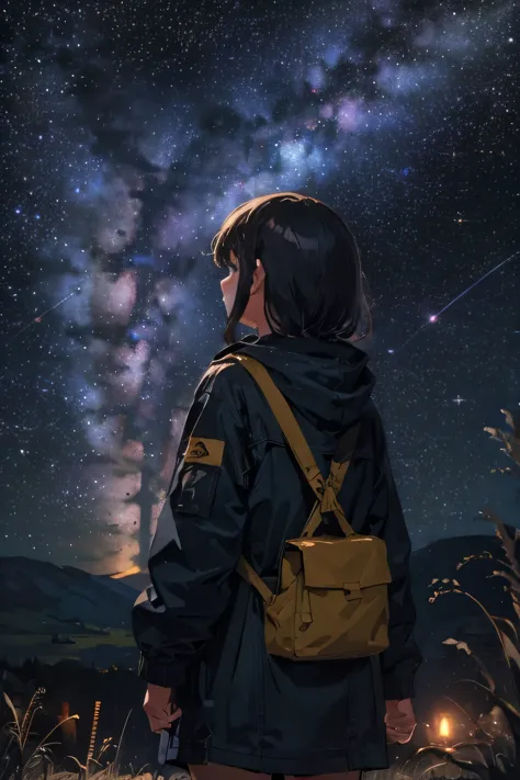 ms, 1 girl, lofi girl,rear view,alone, top of the hill, jacket, sling bag, look up, night sky, milky way, perfect quality, good ...