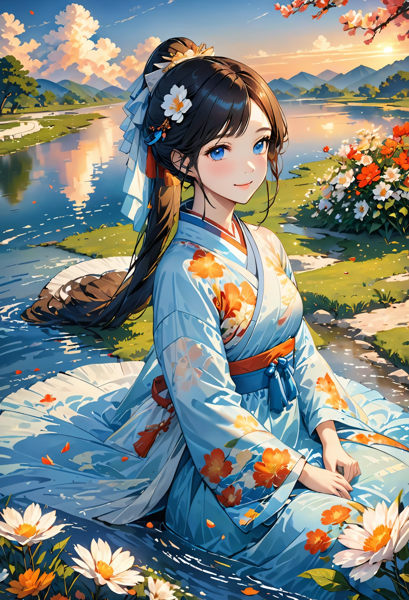 (8k, best quality, masterpiece:1.2), (realistic, photo-realistic:1.5),1girl, cute, sitting, dating, (smile:1.15), (closed mouth) medium breasts, beautiful detailed eyes, (Hanfu, tang, Tang Dynasty, Tang clothing: 1.4),full body, ((topless)), ((bra)), beautiful and delicate water, the finest grass, very delicate light, nature, painting, water spray, breeze, flowers and grass meadow, near the water edge, (sunset, starry sky in a circle), randomly distributed clouds, river, splashing water, falling petals