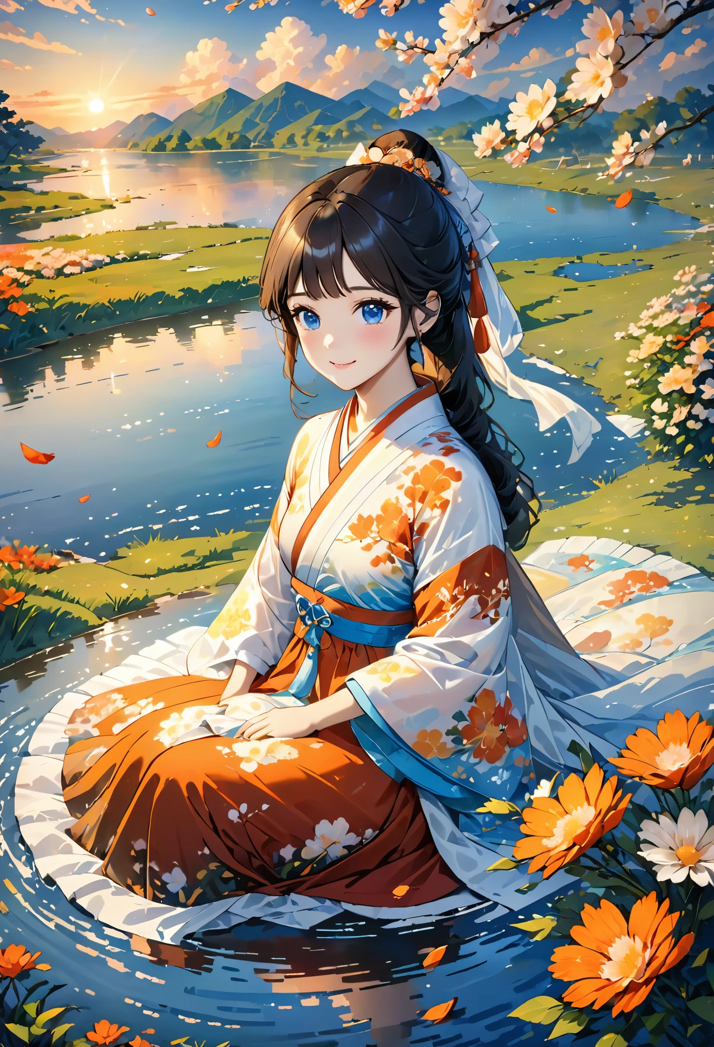 (8k, best quality, masterpiece:1.2), (realistic, photo-realistic:1.5),1girl, cute, sitting, dating, (smile:1.15), (closed mouth) medium breasts, beautiful detailed eyes, (Hanfu, tang, Tang Dynasty, Tang clothing: 1.4),full body, ((topless)), ((bra)), beautiful and delicate water, the finest grass, very delicate light, nature, painting, water spray, breeze, flowers and grass meadow, near the water edge, (sunset, starry sky in a circle), randomly distributed clouds, river, splashing water, falling petals