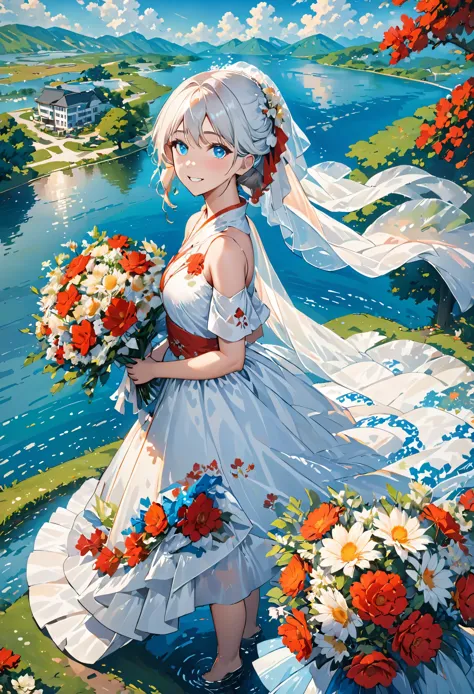 masterpiece,best quality,1girl,bare shoulders,white hair,veil,blue eyes,very long hair,grin,bouquet,day,dress,flower,holding,hol...