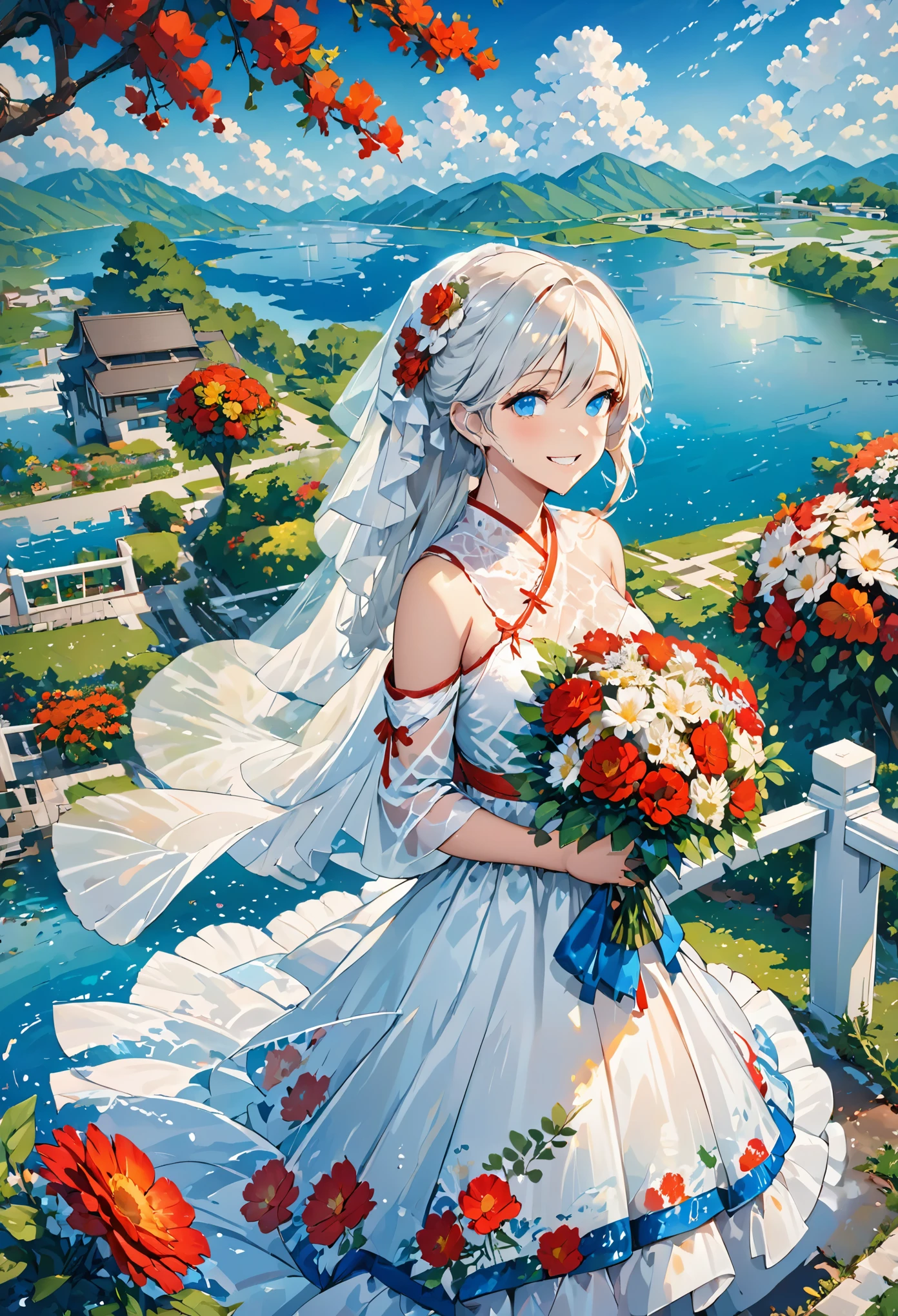 masterpiece,best quality,1girl,bare shoulders,white hair,veil,blue eyes,very long hair,grin,bouquet,day,dress,flower,holding,holding bouquet,lake,looking at viewer,nature,outdoors,red flower,rose,solo,standing,tree,water,water drop,waterfall,wet sky,cloudy sky,building,sun,