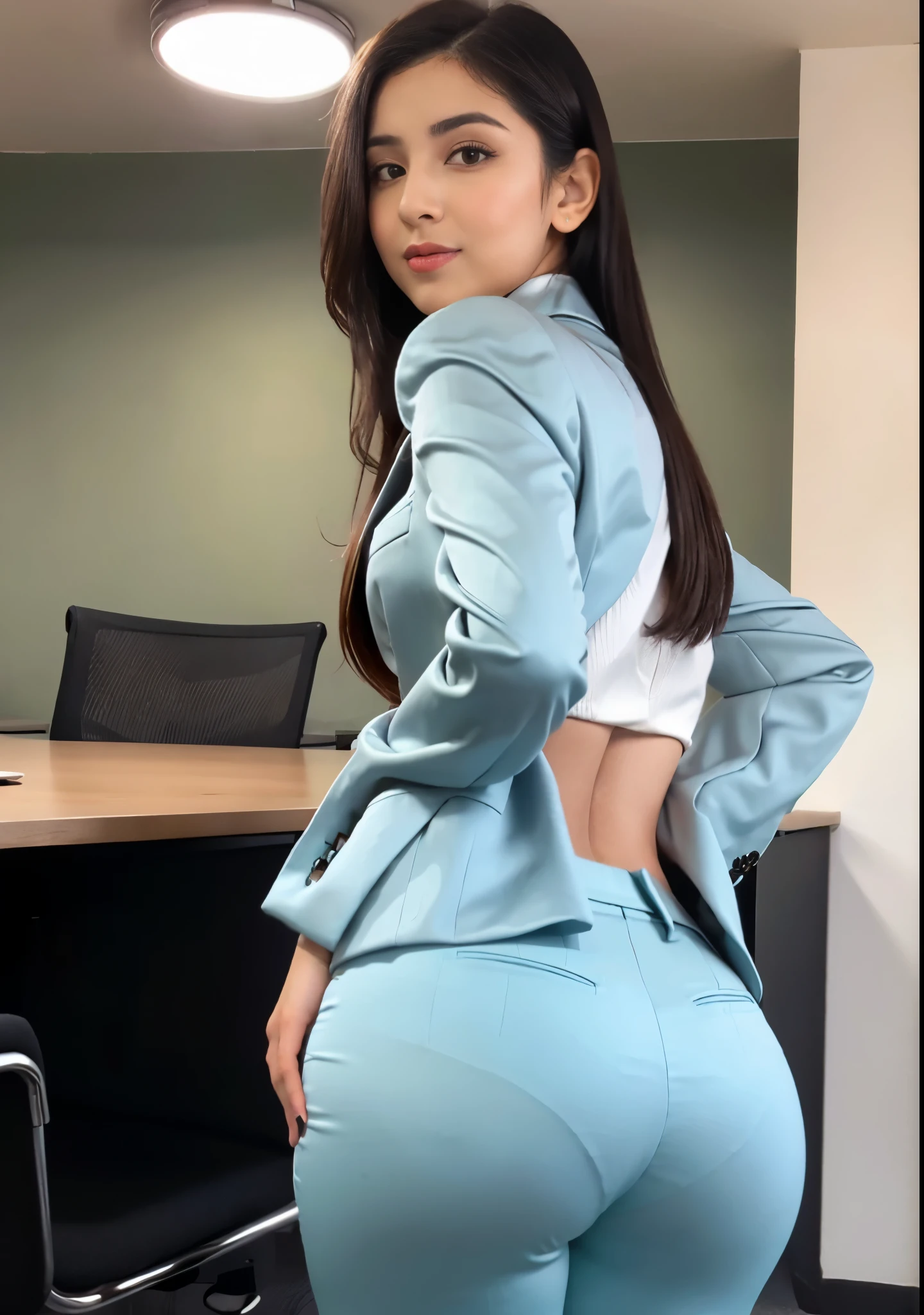 A woman in a blue suit posing in an office - SeaArt AI