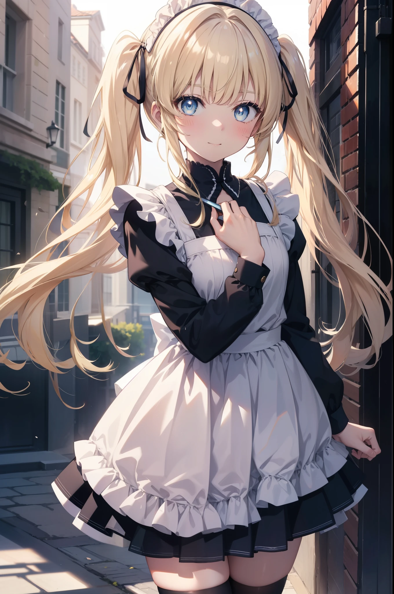 Eryllis Pencer, eriri sawamura spencer, blonde hair, blue eyes, dull bangs, hair ribbon, princess cut, long hair, twin tails,head dress,maid uniform, black mini skirt, white stockings,brown loafers,apron, looking at the viewer, clavicle, cute, smile, blush,open your mouth, Attract,He is holding a large amount of leaflets in both arms and passing them around.,,
break  outdoors, In town,building street,
break looking at viewer,
break (masterpiece:1.2), highest quality, High resolution, unity 8k wallpaper, (figure:0.8), (detailed and beautiful eyes:1.6), highly detailed face, perfect lighting, Very detailed CG, (perfect hands, perfect anatomy),