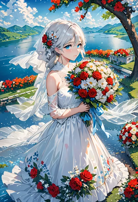 masterpiece,best quality,1girl,bare shoulders,white hair,veil,blue eyes,very long hair,crying,bouquet,cloudy,dress,flower,holdin...