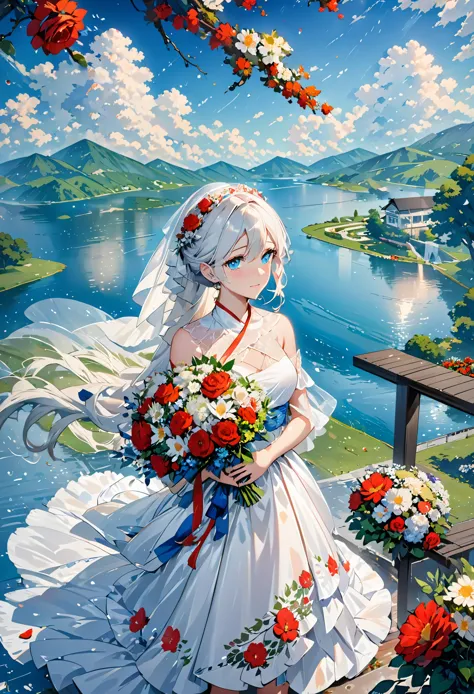 masterpiece,best quality,1girl,bare shoulders,white hair,veil,blue eyes,very long hair,crying,bouquet,cloudy,dress,flower,holdin...